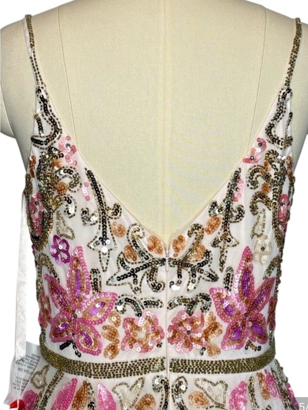 Floral Embroidered Ivory Evening Gown with Pink & Gold Detail - Picture 5 of 13